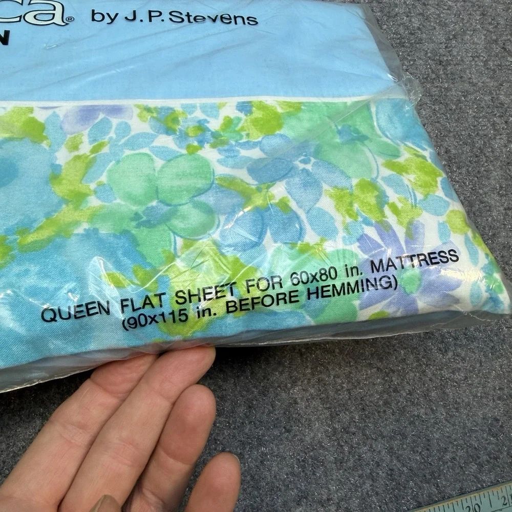 Vintage Stevens Utica Queen Flat Sheet Blue Antoinette Floral Cotton NEW